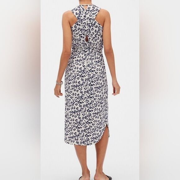 BANANA REPUBLIC Crossback Midi Dress Navy Off White Leopard Print - Size Large - Picture 3 of 12